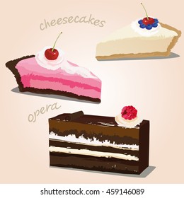 Vector illustration of cheesecakes and opera cakes.