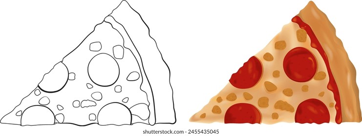 Vector illustration of a cheesy pepperoni pizza slice.