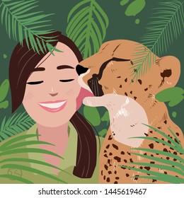 A vector illustration of a cheetah and a girl or woman with palm leaves and green vegetation 
