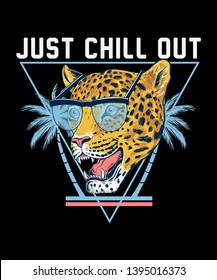 Vector illustration of cheetah head with sunglasses, palm trees and text slogan. For t-shirt prints and other uses.