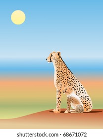 vector illustration of a cheetah and her cub looking across the african plains under a blue sky in eps 10 format