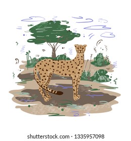 Vector illustration with cheetah in the savannah. Flat style, on a white background.