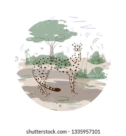 Vector illustration with cheetah silhouette and transparent savanna landscape. Flat style, on a white background.