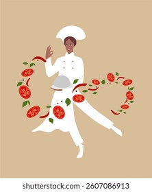 Vector illustration of a chef is African American in a white uniform with a dish in his hands and tomatoes, spices, chili flying around