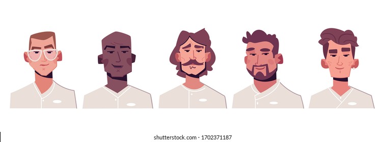 Vector illustration of chef avatar set. Group characters of European and African smiling men in cooks uniform stand half portrait. Catering service mascot, restaurant team, culinary professions job