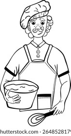 Ilustração vetorial de um chef. Padeiro preto e branco isolado em fundo branco. 