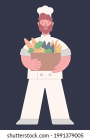 Vector illustration of a chef with a box of various products
