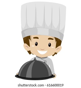 Vector Illustration of Chef Boy Holding a Food Cloche