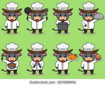 Vector Illustration Of Chef Buffalo cartoon. Vector set of Animal chef character in different actions. Cute animals in chef uniform set.