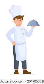 Vector illustration of chef character. Isolated on white background chef with cloche in hand. 