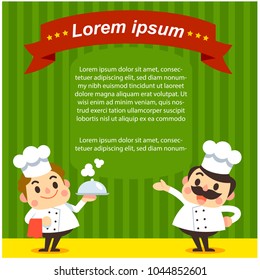 Vector illustration of chef characters holding serving tray with space for your text, message