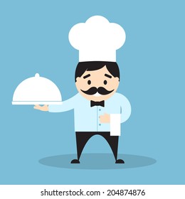Vector illustration of chef with cloche and towel. Flat design