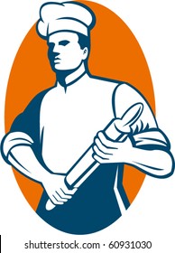 vector  illustration of a Chef cook or baker standing with rolling pin done in retro style.