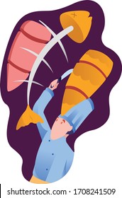 Vector Illustration chef, chef cooking fish, chef cuts food.