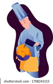 Vector Illustration chef, chef cooking fish, chef cuts food.