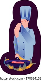 Vector Illustration chef, chef cooking fish, chef cuts food.