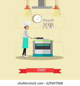 Vector illustration of chef cooking meals using frying pan. Restaurant kitchen interior, kitchen utensils and appliances, flat style design elements.