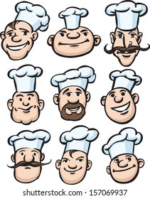 Vector illustration of chef cooks cartoon faces. Easy-edit layered vector EPS10 file scalable to any size without quality loss. High resolution raster JPG file is included.
