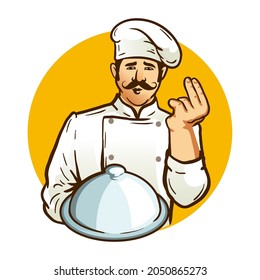 Vector illustration of a chef with a dish on a yellow circle