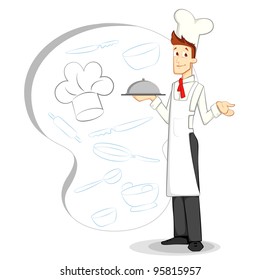 vector illustration of chef with dish on dinning backdrop