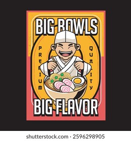 Vector Illustration of Chef Eating Ramen with Cute Illustration Available for Poster