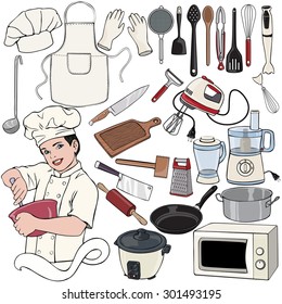 Vector illustration, chef gear, cartoon concept, white background.