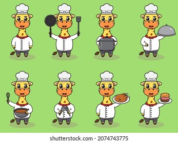 Vector Illustration Of Chef Giraffe cartoon. Vector set of Animal chef character in different actions. Cute animals in chef uniform set.