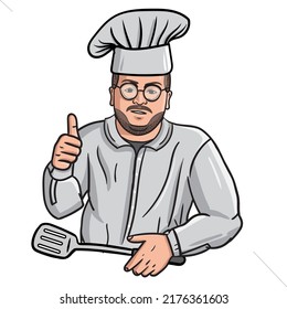 Vektorgrafik, ein Brillenchef, der beim Halten eines Spatels einen Daumen erhebt