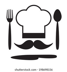 Vector illustration of chef hat with mustache , fork,  spoon and knife (food icon, food symbol, restaurant label, restaurant symbol) 