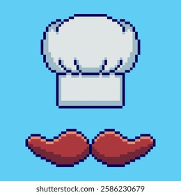Vector Illustration of Chef Hat and Mustache with Pixel Art Design, perfect for game assets themed designs