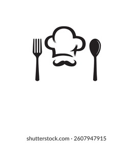 Vector illustration of chef hat with mustache , fork,  spoon and knife (food icon, food symbol, restaurant label, restaurant symbol) 