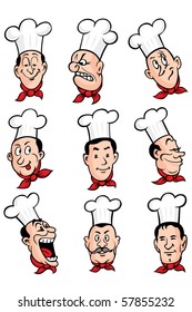 Vector illustration of Chef heads in different facial expression.