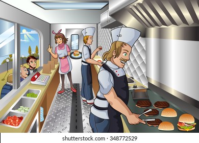 A vector illustration of chef and his helpers cooking inside a food truck