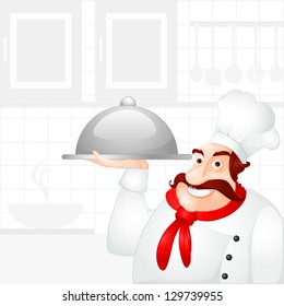 vector illustration of chef holding cloche