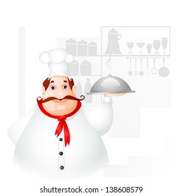 vector illustration of chef holding cloche in kitchen