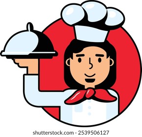 Ilustração vetorial de um chef segurando uma bandeja com a tampa em um estilo de desenho animado de contorno. Smiley de chef sorridente, entusiasmo para cozinhar. Serviço de restaurante