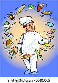 Vector illustration of chef juggling with meals.