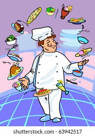 Vector illustration of chef juggling with meals.