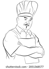 Vector illustration of chef, Line art of experienced cook, Man standing with cooking hat