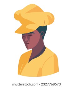 A vector illustration of a chef man in yellow cap icon isolated