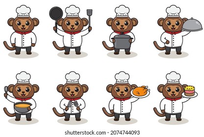 Vector Illustration Of Chef Monkey cartoon. Vector set of Animal chef character in different actions. Cute animals in chef uniform set.