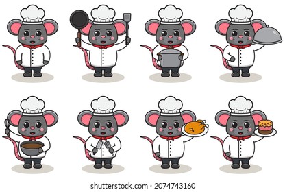 Vector Illustration Of Chef Mouse cartoon. Vector set of Animal chef character in different actions. Cute animals in chef uniform set.