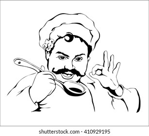 Vector illustration of chef with mustache holding a ladle in one hand. Cook with a white uniform on a white background. Smiling chef. 