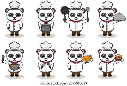 Vector Illustration Of Chef Panda cartoon. Vector set of Animal chef character in different actions. Cute animals in chef uniform set.