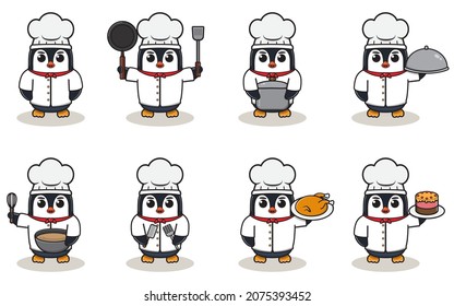 Vector Illustration Of Chef Penguin cartoon. Vector set of Animal chef character in different actions. Cute animals in chef uniform set.