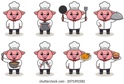 Vector Illustration Of Chef Pig cartoon. Vector set of Animal chef character in different actions. Cute animals in chef uniform set.