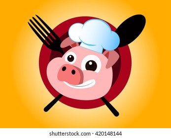 Vector illustration of Chef Pig Head on fork and spoon.