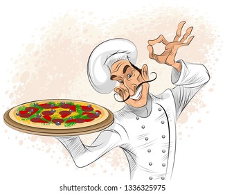 Dibujo vectorial de un chef con pizza