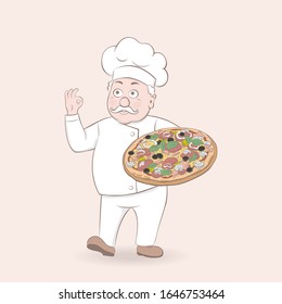 Vector illustration of an chef with pizza in his hand on a tray,cartoon design