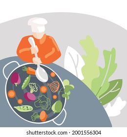 vector illustration. Chef prepares delicious healthy food by the stove. Suitable for flyers, advertisements, social media posts.